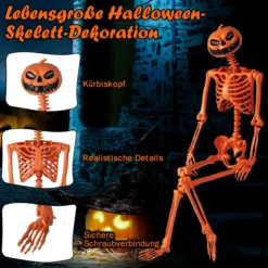 16 m Oranger Halloween-Skelett lebensgroßes Plastik-Skelett posierbar mit Kürbiskopf und beweglichen Gelenken Orange