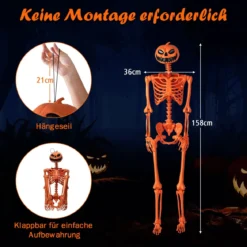 16 m Oranger Halloween-Skelett lebensgroßes Plastik-Skelett posierbar mit Kürbiskopf und beweglichen Gelenken Orange