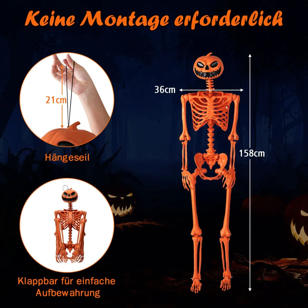 16 m Oranger Halloween-Skelett lebensgroßes Plastik-Skelett posierbar mit Kürbiskopf und beweglichen Gelenken Orange