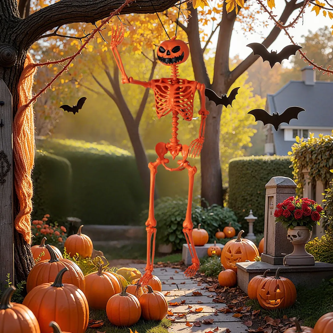 16 m Oranger Halloween-Skelett lebensgroßes Plastik-Skelett posierbar mit Kürbiskopf und beweglichen Gelenken Orange