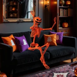 16 m Oranger Halloween-Skelett lebensgroßes Plastik-Skelett posierbar mit Kürbiskopf und beweglichen Gelenken Orange