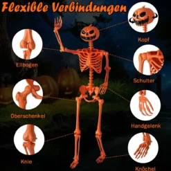 16 m Oranger Halloween-Skelett lebensgroßes Plastik-Skelett posierbar mit Kürbiskopf und beweglichen Gelenken Orange