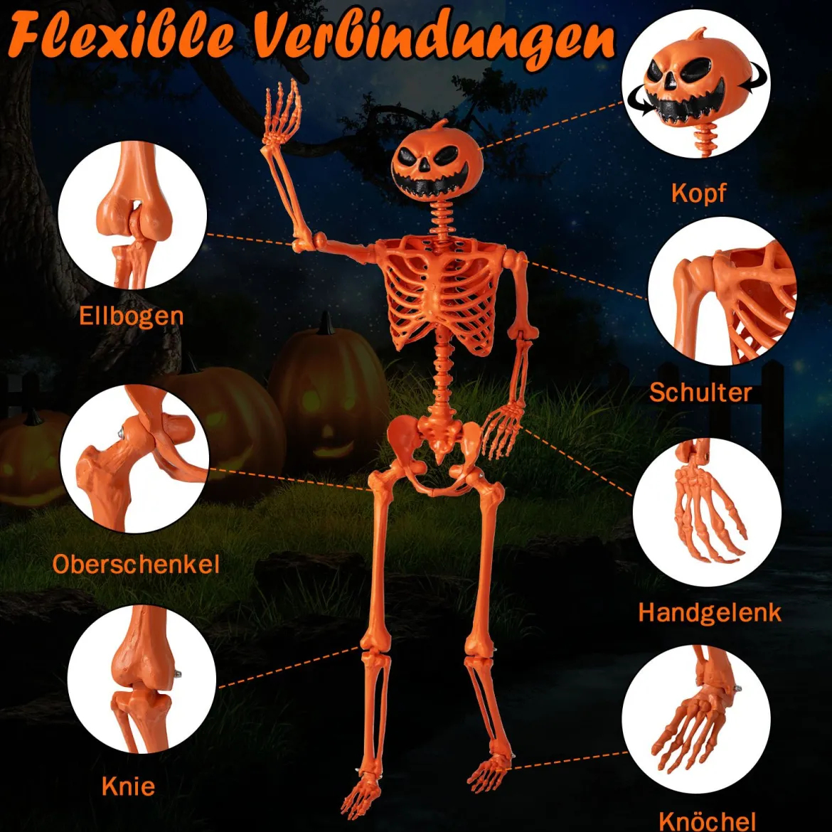 16 m Oranger Halloween-Skelett lebensgroßes Plastik-Skelett posierbar mit Kürbiskopf und beweglichen Gelenken Orange