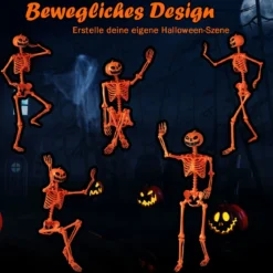 16 m Oranger Halloween-Skelett lebensgroßes Plastik-Skelett posierbar mit Kürbiskopf und beweglichen Gelenken Orange