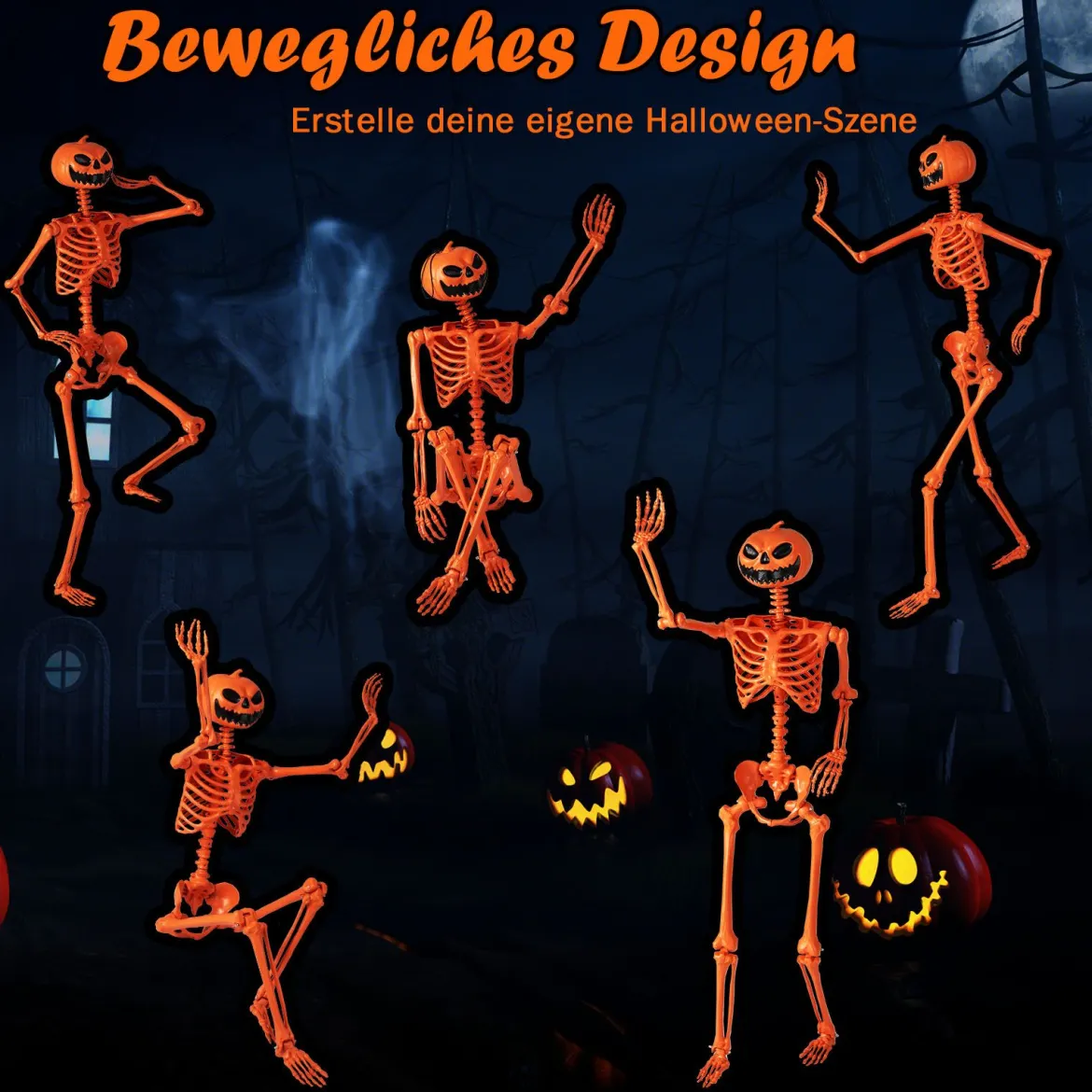 16 m Oranger Halloween-Skelett lebensgroßes Plastik-Skelett posierbar mit Kürbiskopf und beweglichen Gelenken Orange