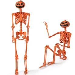 16 m Oranger Halloween-Skelett lebensgroßes Plastik-Skelett posierbar mit Kürbiskopf und beweglichen Gelenken Orange