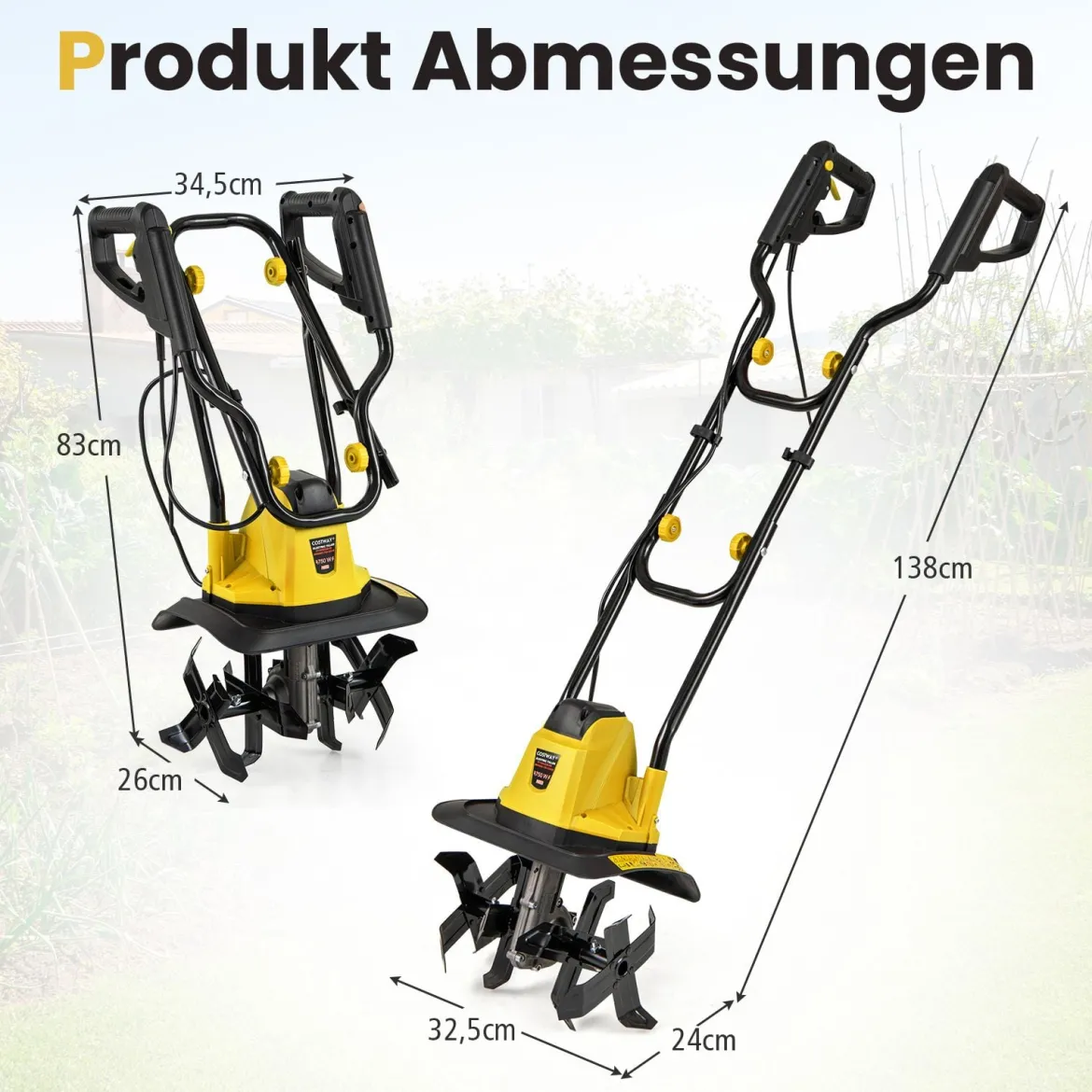 Motorhacke elektrisch 750W | Arbeitsbreite 32 cm | Arbeitstiefe 22 cm | 380 U/min Elektro Bodenhacke mit Schutzschalter 32,5 x 24 x 138 cm Gelb