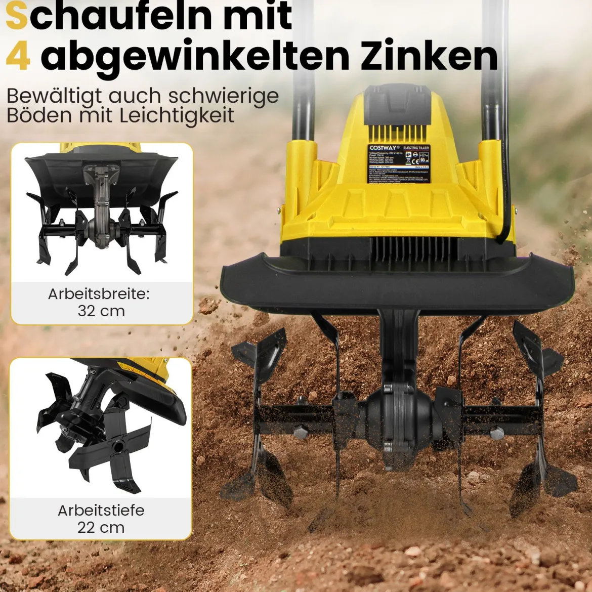 Motorhacke elektrisch 750W | Arbeitsbreite 32 cm | Arbeitstiefe 22 cm | 380 U/min Elektro Bodenhacke mit Schutzschalter 32,5 x 24 x 138 cm Gelb