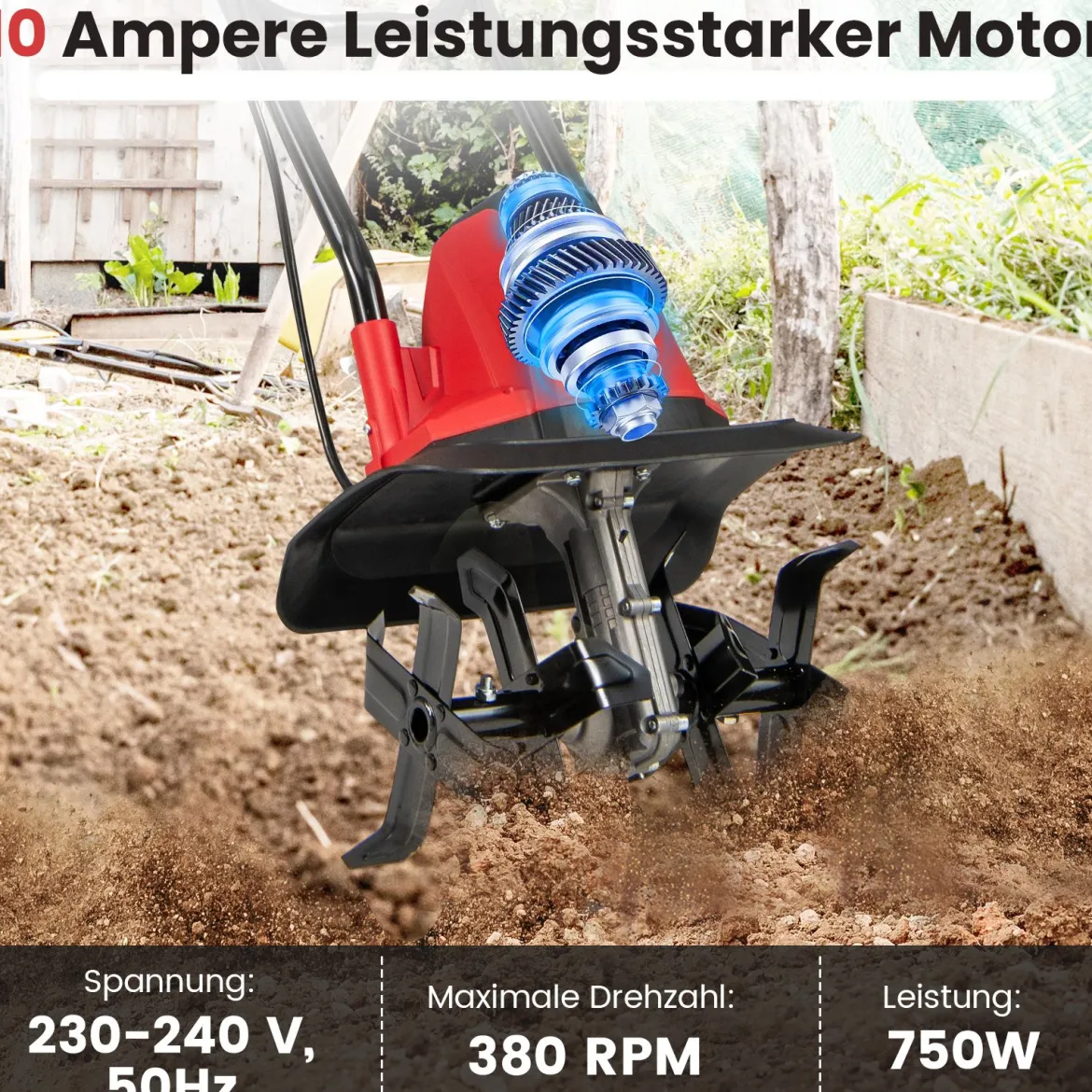 Motorhacke elektrisch 750W | Arbeitsbreite 32 cm | Arbeitstiefe 22 cm | 380 U/min Elektro Bodenhacke mit Schutzschalter & Handgriff 32,5 x 24 x 138 cm Rot