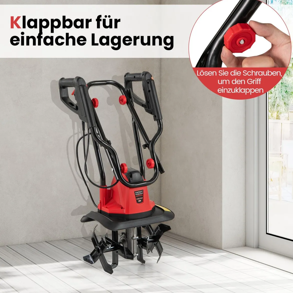 Motorhacke elektrisch 750W | Arbeitsbreite 32 cm | Arbeitstiefe 22 cm | 380 U/min Elektro Bodenhacke mit Schutzschalter & Handgriff 32,5 x 24 x 138 cm Rot