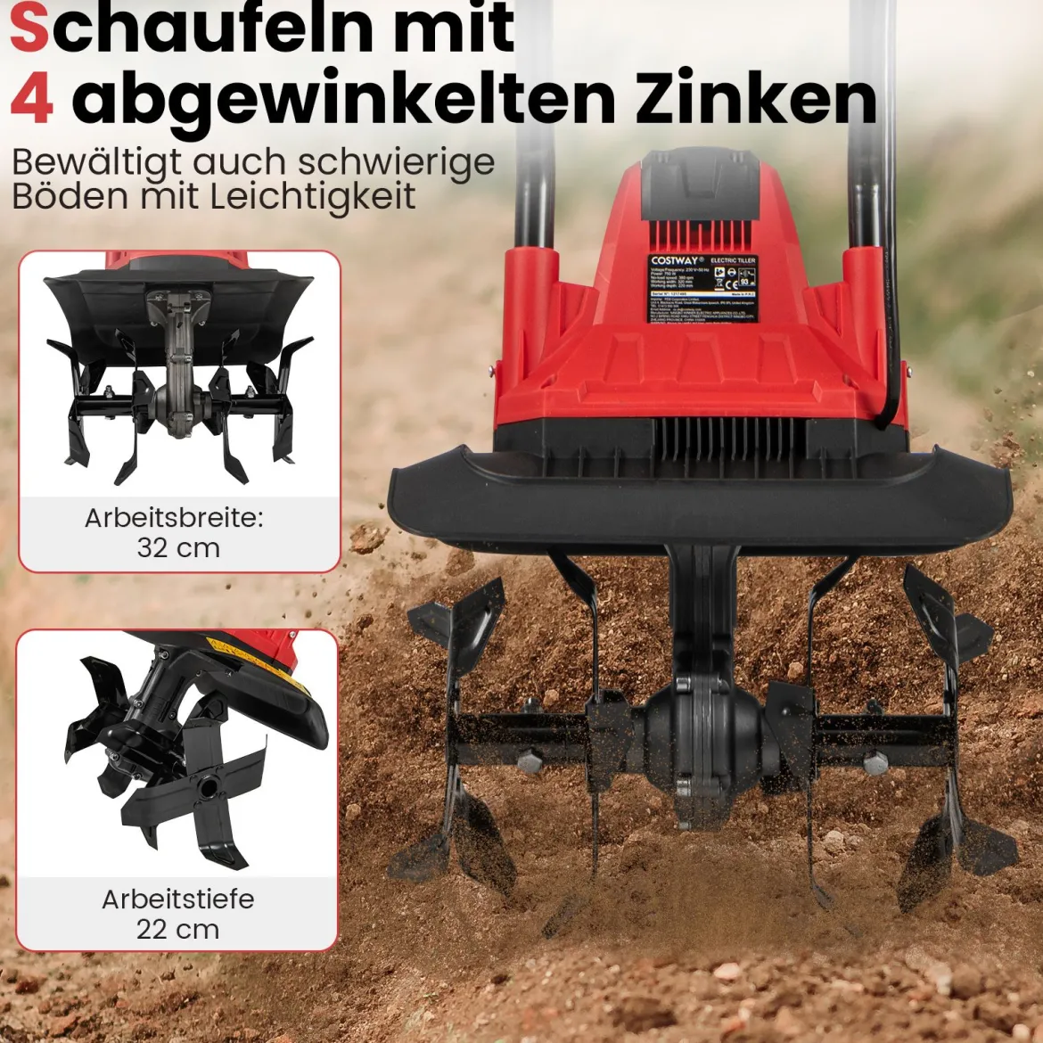 Motorhacke elektrisch 750W | Arbeitsbreite 32 cm | Arbeitstiefe 22 cm | 380 U/min Elektro Bodenhacke mit Schutzschalter & Handgriff 32,5 x 24 x 138 cm Rot