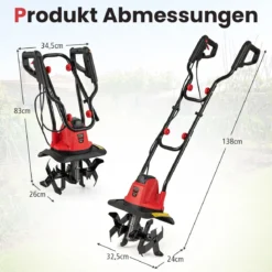 Motorhacke elektrisch 750W | Arbeitsbreite 32 cm | Arbeitstiefe 22 cm | 380 U/min Elektro Bodenhacke mit Schutzschalter & Handgriff 32,5 x 24 x 138 cm Rot
