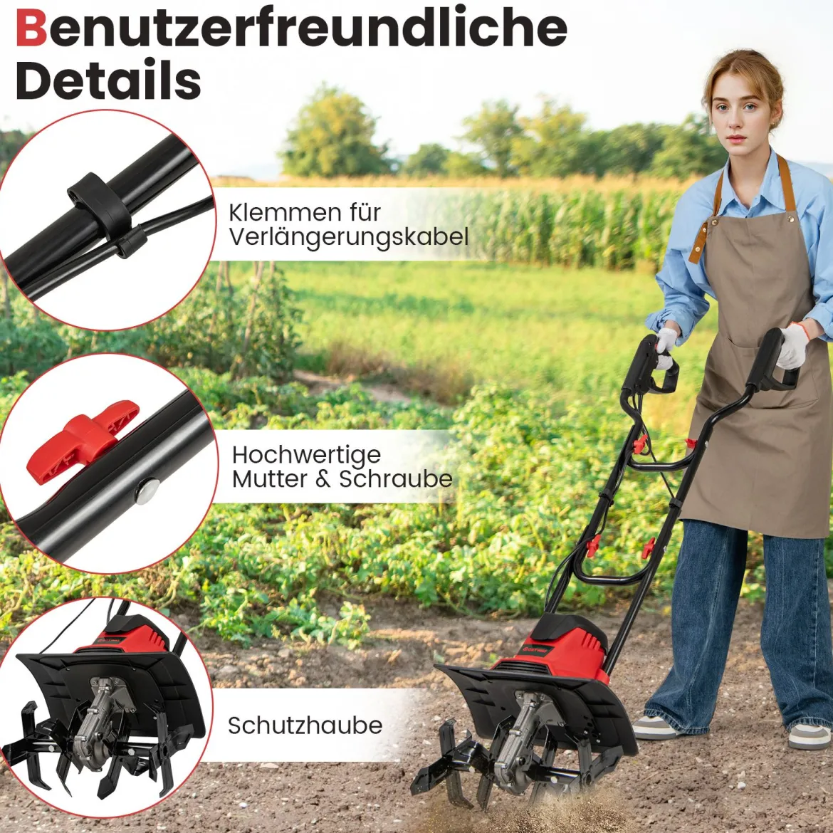 Motorhacke elektrisch 1200W | Arbeitsbreite 36 cm | Arbeitstiefe 22 cm | 380 U/min klappbarer Gartenfräse 36,5 x 24 x 138 cm Rot
