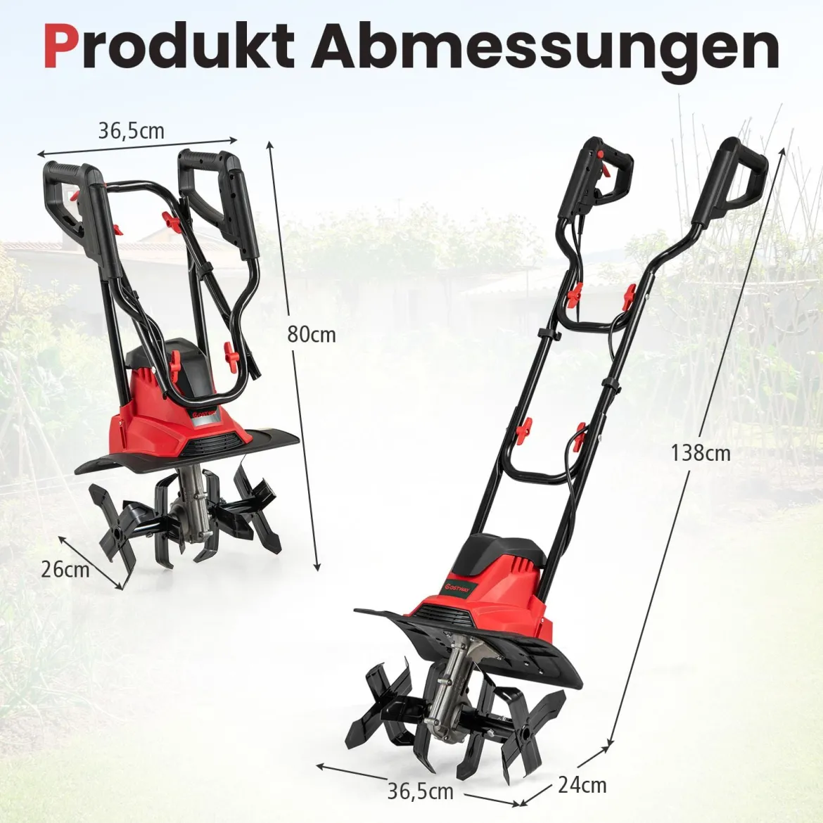 Motorhacke elektrisch 1200W | Arbeitsbreite 36 cm | Arbeitstiefe 22 cm | 380 U/min klappbarer Gartenfräse 36,5 x 24 x 138 cm Rot