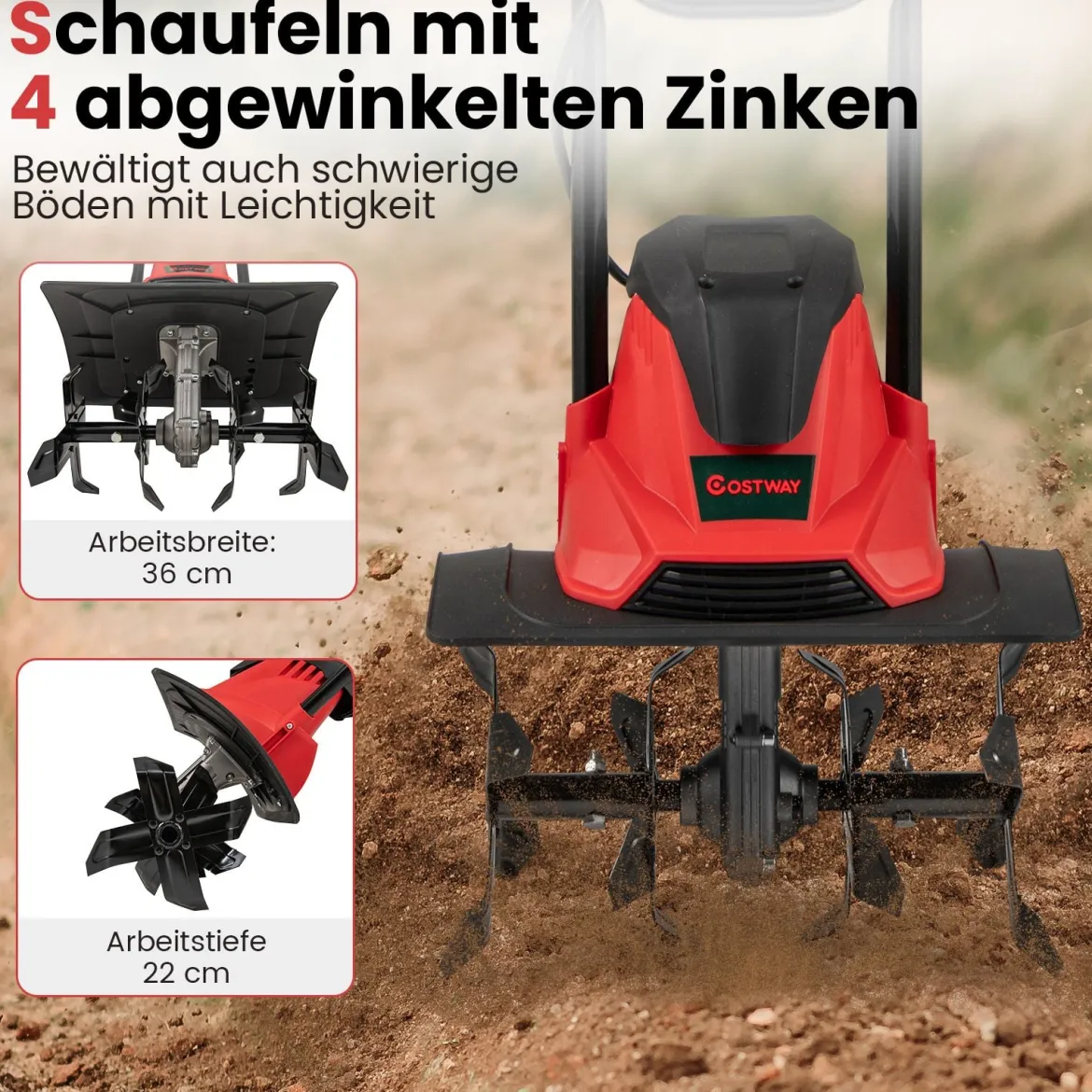 Motorhacke elektrisch 1200W | Arbeitsbreite 36 cm | Arbeitstiefe 22 cm | 380 U/min klappbarer Gartenfräse 36,5 x 24 x 138 cm Rot