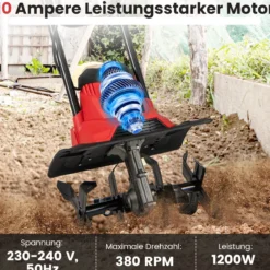 Motorhacke elektrisch 1200W | Arbeitsbreite 36 cm | Arbeitstiefe 22 cm | 380 U/min klappbarer Gartenfräse 36,5 x 24 x 138 cm Rot