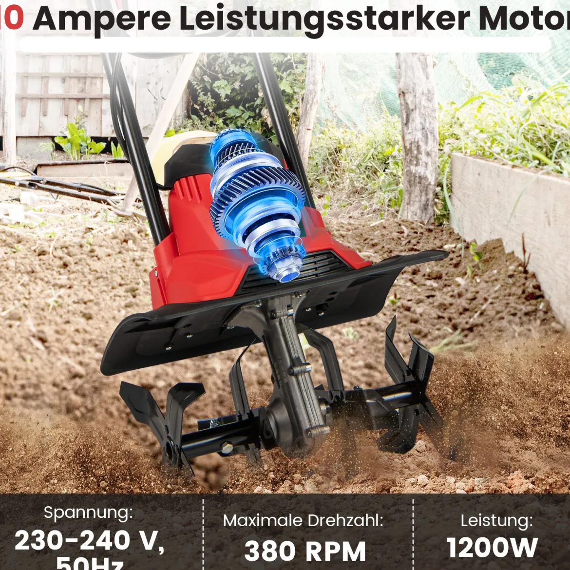 Motorhacke elektrisch 1200W | Arbeitsbreite 36 cm | Arbeitstiefe 22 cm | 380 U/min klappbarer Gartenfräse 36,5 x 24 x 138 cm Rot