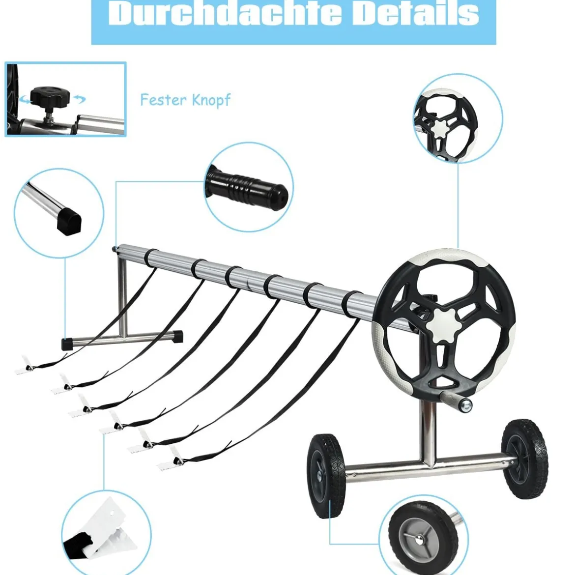 6,4 m Poolabdeckungs-Set mit Handkurbel und Rädern Pool Aufroller aus Aluminium Silber