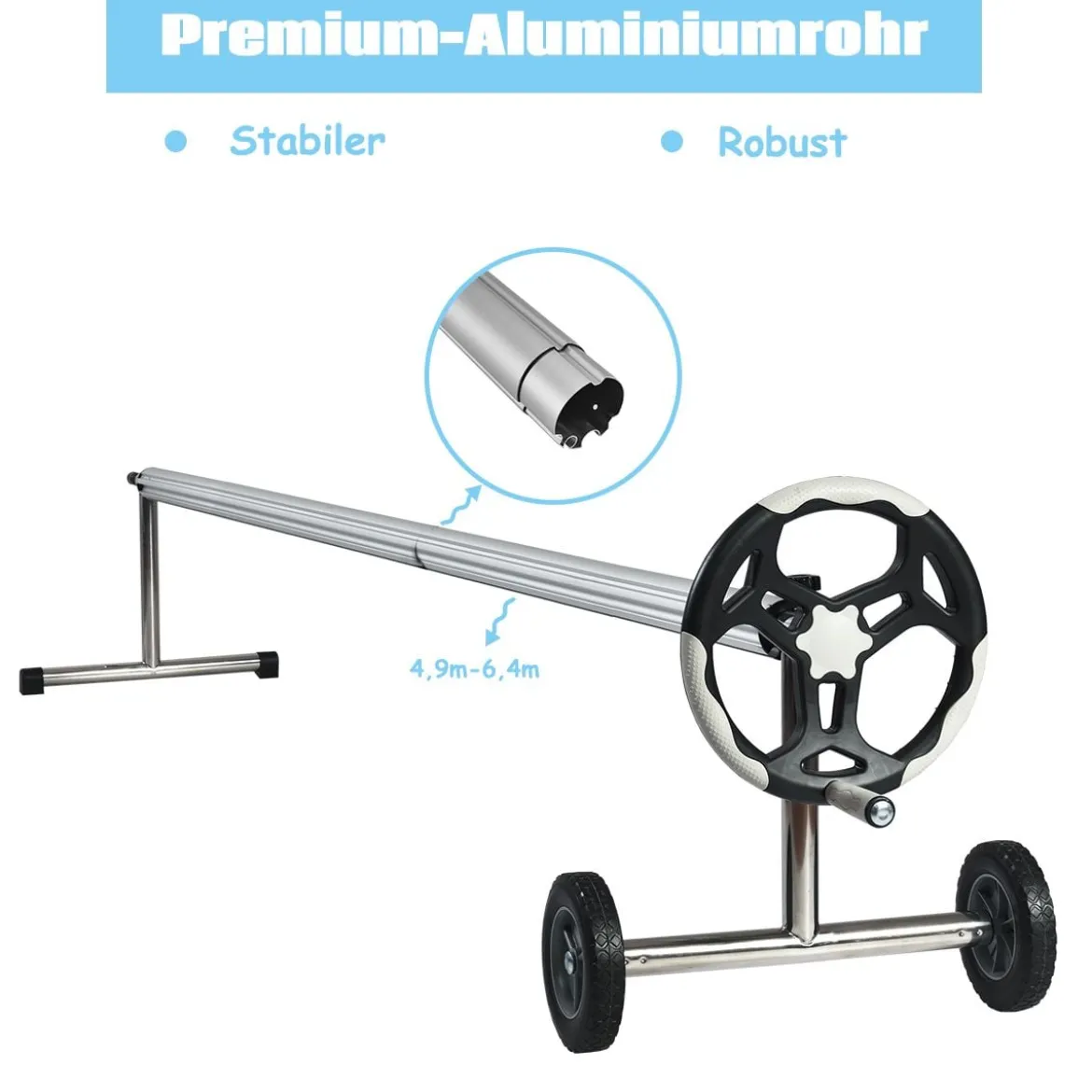 6,4 m Poolabdeckungs-Set mit Handkurbel und Rädern Pool Aufroller aus Aluminium Silber