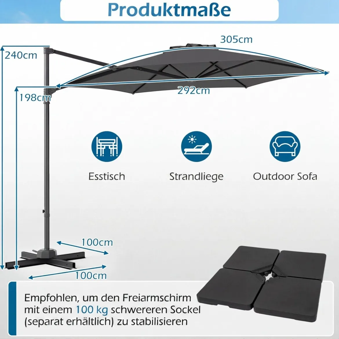 3m Sonnenschirm Ampelschirm mit 360°-Drehung Belüftungsöffnung Kreuzfuß Kurbel Beige/Grau