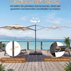 3m Sonnenschirm Ampelschirm mit 360°-Drehung Belüftungsöffnung Kreuzfuß Kurbel Beige/Grau