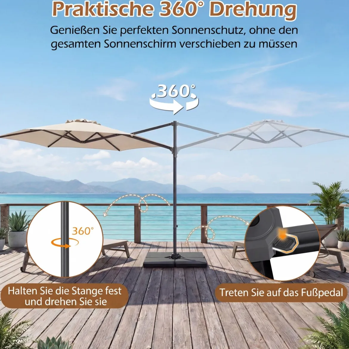 3m Sonnenschirm Ampelschirm mit 360°-Drehung Belüftungsöffnung Kreuzfuß Kurbel Beige/Grau
