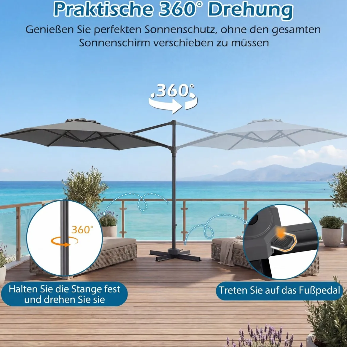 3m Sonnenschirm Ampelschirm mit 360°-Drehung Belüftungsöffnung Kreuzfuß Kurbel Beige/Grau