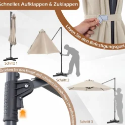 3m Sonnenschirm Ampelschirm mit 360°-Drehung Belüftungsöffnung Kreuzfuß Kurbel Beige/Grau