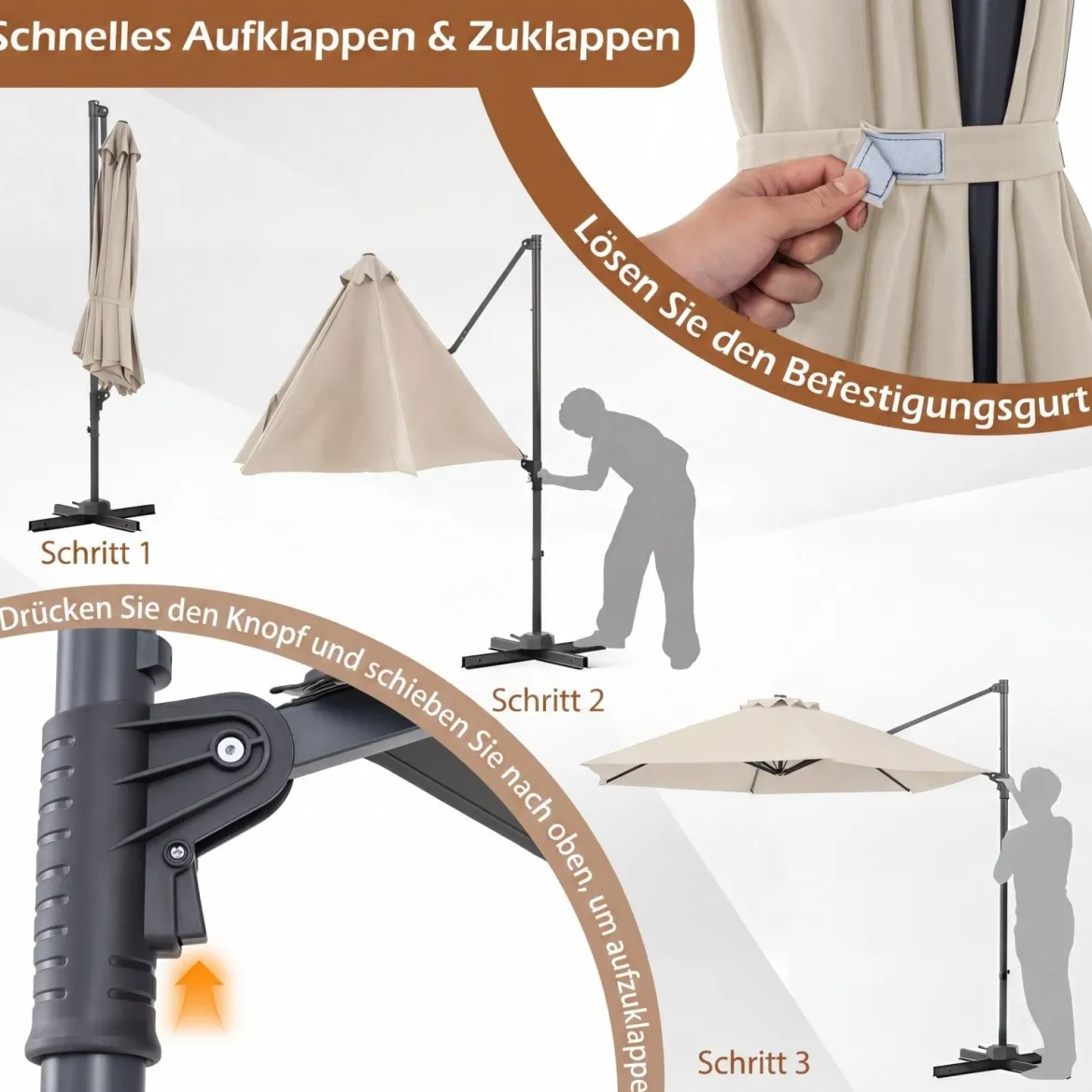 3m Sonnenschirm Ampelschirm mit 360°-Drehung Belüftungsöffnung Kreuzfuß Kurbel Beige/Grau