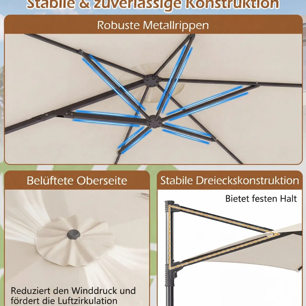 3m Sonnenschirm Ampelschirm mit 360°-Drehung Belüftungsöffnung Kreuzfuß Kurbel Beige/Grau