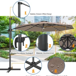 Ø300 m Terrassenschirm mit Solarleuchten Outdoor-Schirm mit 360-Grad-Rotation Ampelschirm LED Sonnenschirm Braun