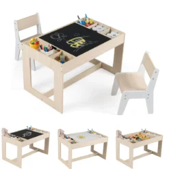 Multifunktionaler Kindertisch & 2 Stühle Set Sitzgruppe Kinder holz mit abnehmbarer doppelseitiger Tischplatte Natur