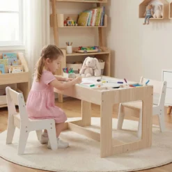 Multifunktionaler Kindertisch & 2 Stühle Set Sitzgruppe Kinder holz mit abnehmbarer doppelseitiger Tischplatte Natur