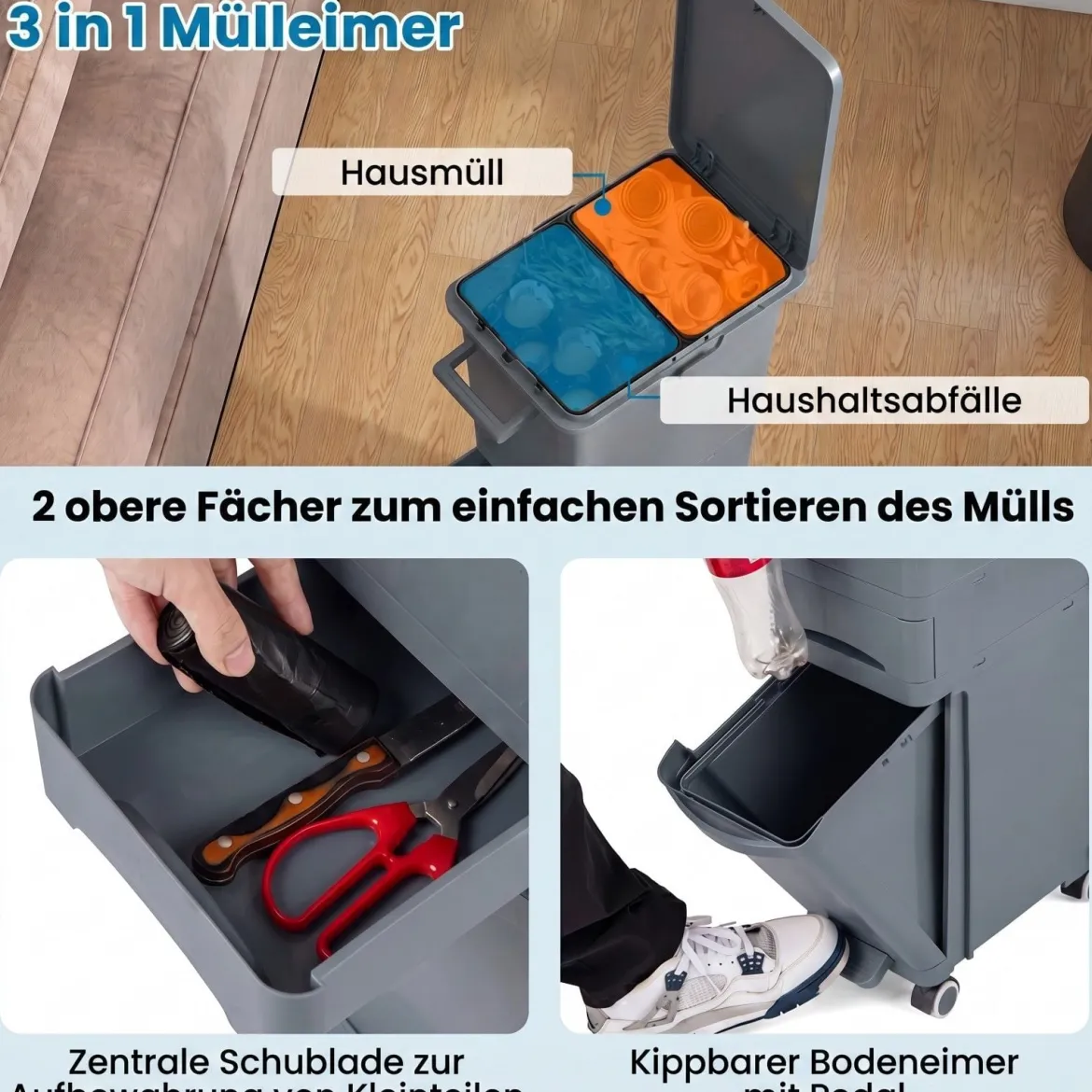 Multifunktionaler Müllbehälter Küchenabfalleimer mit kippbarem Bodeneimer Grau