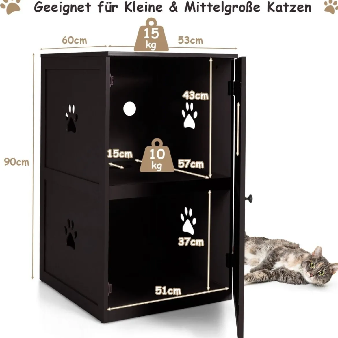 Multifunktionale 2-stöckiges Katzenklo Gehäuse mit Kippschutz und Tür Braun
