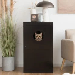 Multifunktionale 2-stöckiges Katzenklo Gehäuse mit Kippschutz und Tür Braun