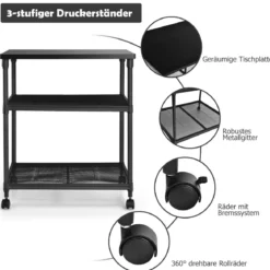 Mutifunktionaler 3-stöckiger Druckerständer mit 360° Drehbare & Feststellbare Räder Schwarz