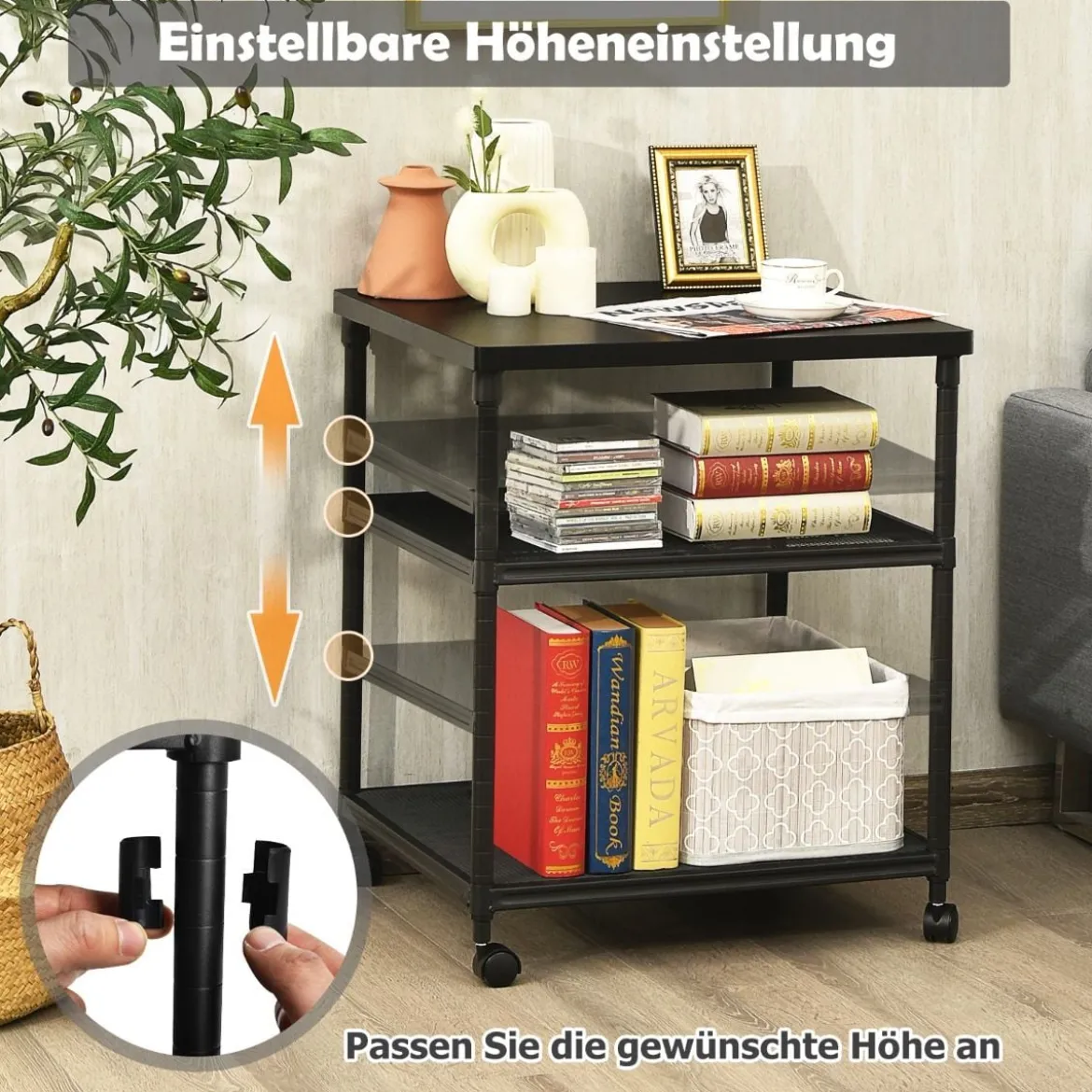 Mutifunktionaler 3-stöckiger Druckerständer mit 360° Drehbare & Feststellbare Räder Schwarz
