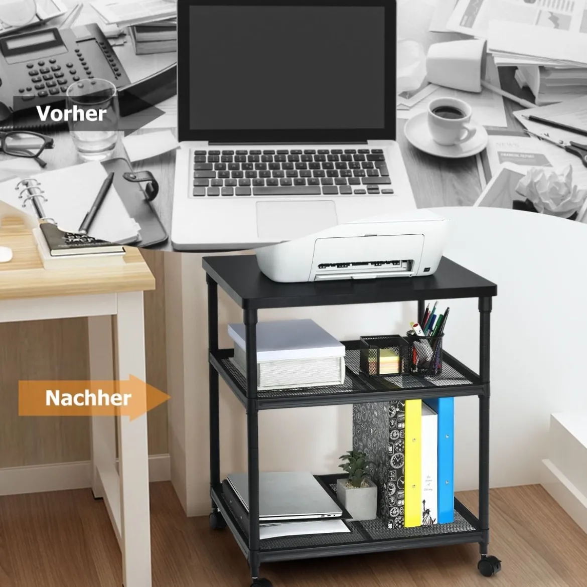 Mutifunktionaler 3-stöckiger Druckerständer mit 360° Drehbare & Feststellbare Räder Schwarz