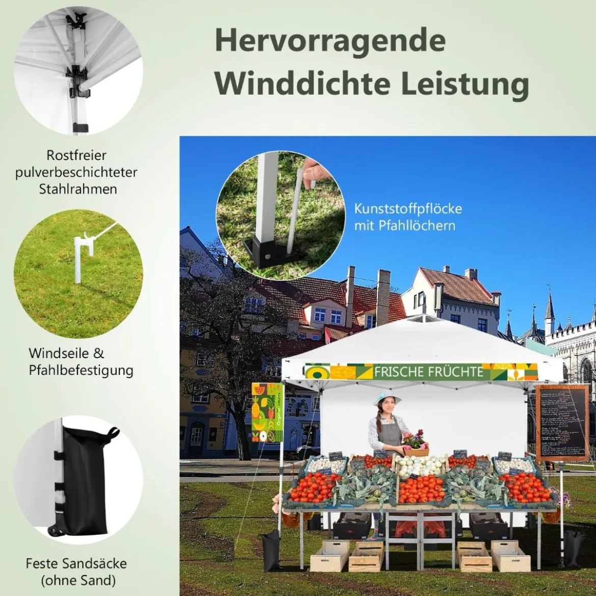 3 m x 3 m Großes Aufklappbares Vordach mit Seitenwand Weiß