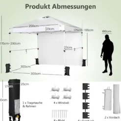 3 m x 3 m Großes Aufklappbares Vordach mit Seitenwand Weiß
