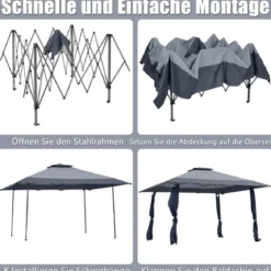 4 m x 4 m Großes Eventzelt Schattenspender mit 2-Stöckigem Dach Grau