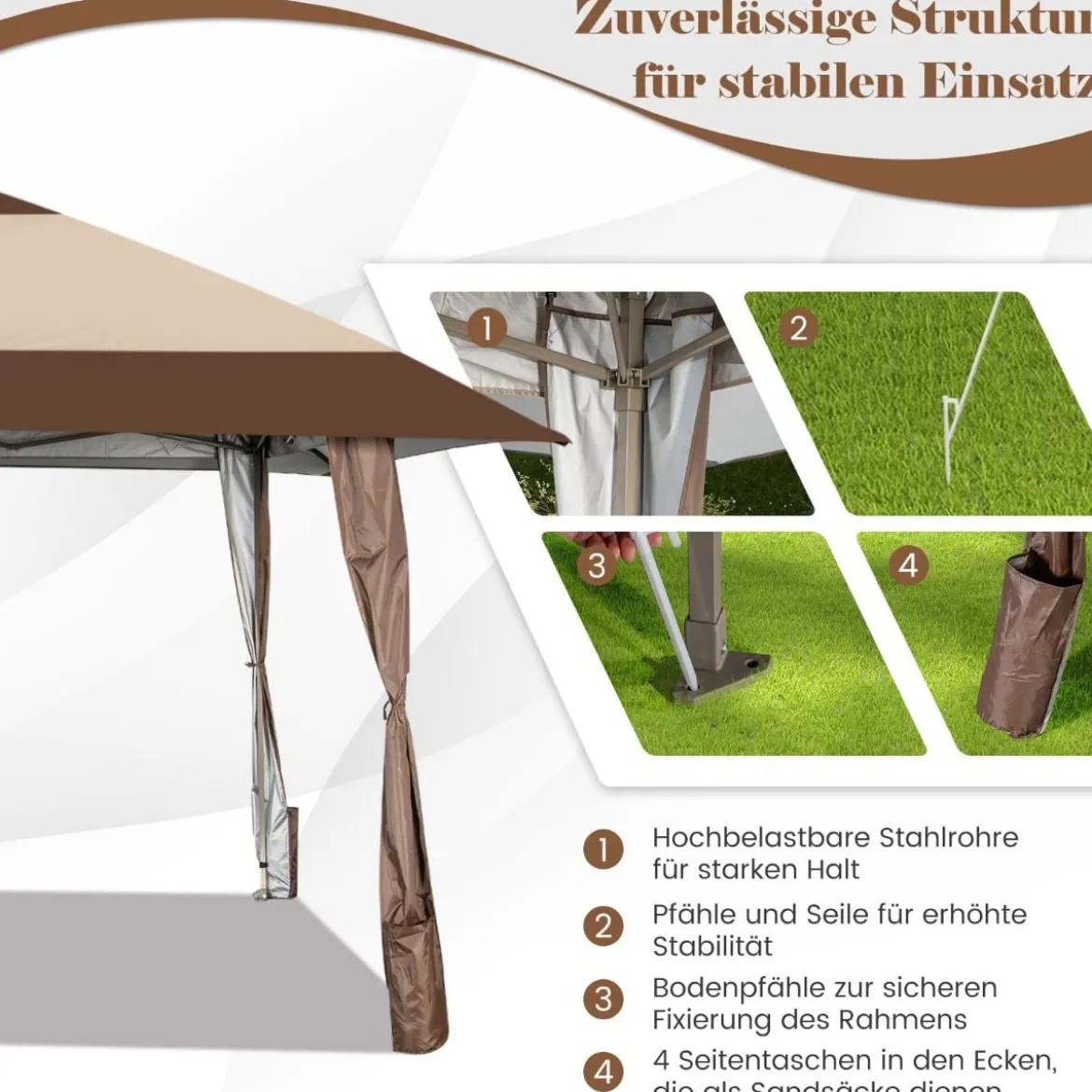 4 m x 4 m Terrassen-Pavillon Überdachungszelt mit Rädern Beige