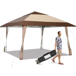 4 m x 4 m Terrassen-Pavillon Überdachungszelt mit Rädern Beige
