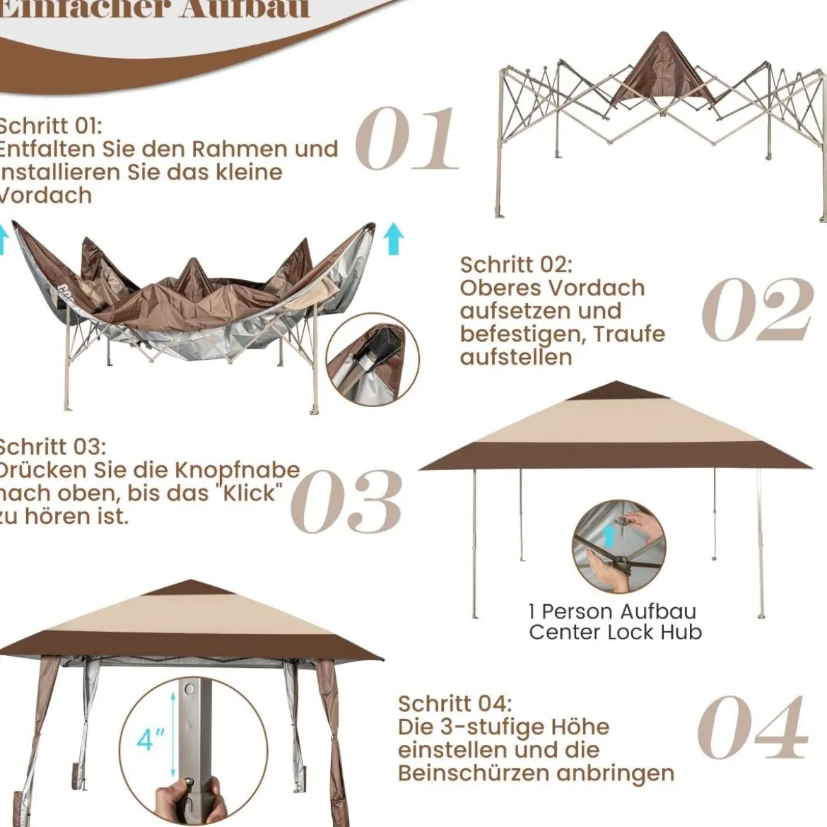 4 m x 4 m Terrassen-Pavillon Überdachungszelt mit Rädern Beige