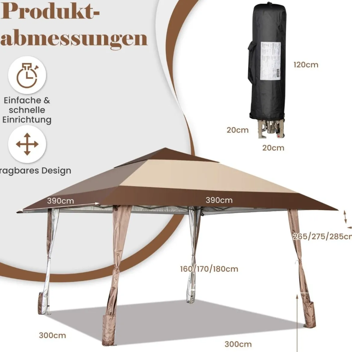 4 m x 4 m Terrassen-Pavillon Überdachungszelt mit Rädern Beige