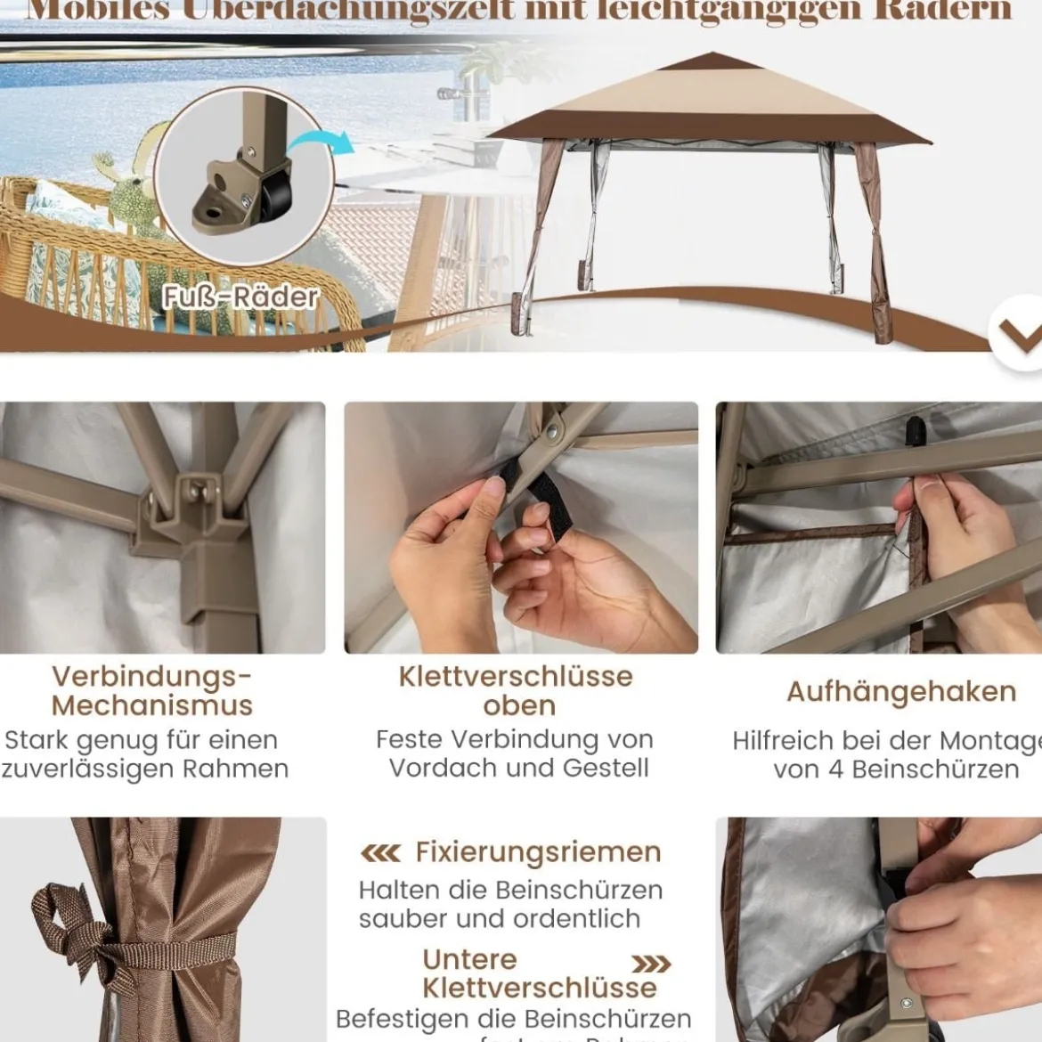 4 m x 4 m Terrassen-Pavillon Überdachungszelt mit Rädern Beige