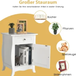 Nachtschrank Bodenschrank Holz Beistelltisch mit Tür und Schublade Nachttisch weiß