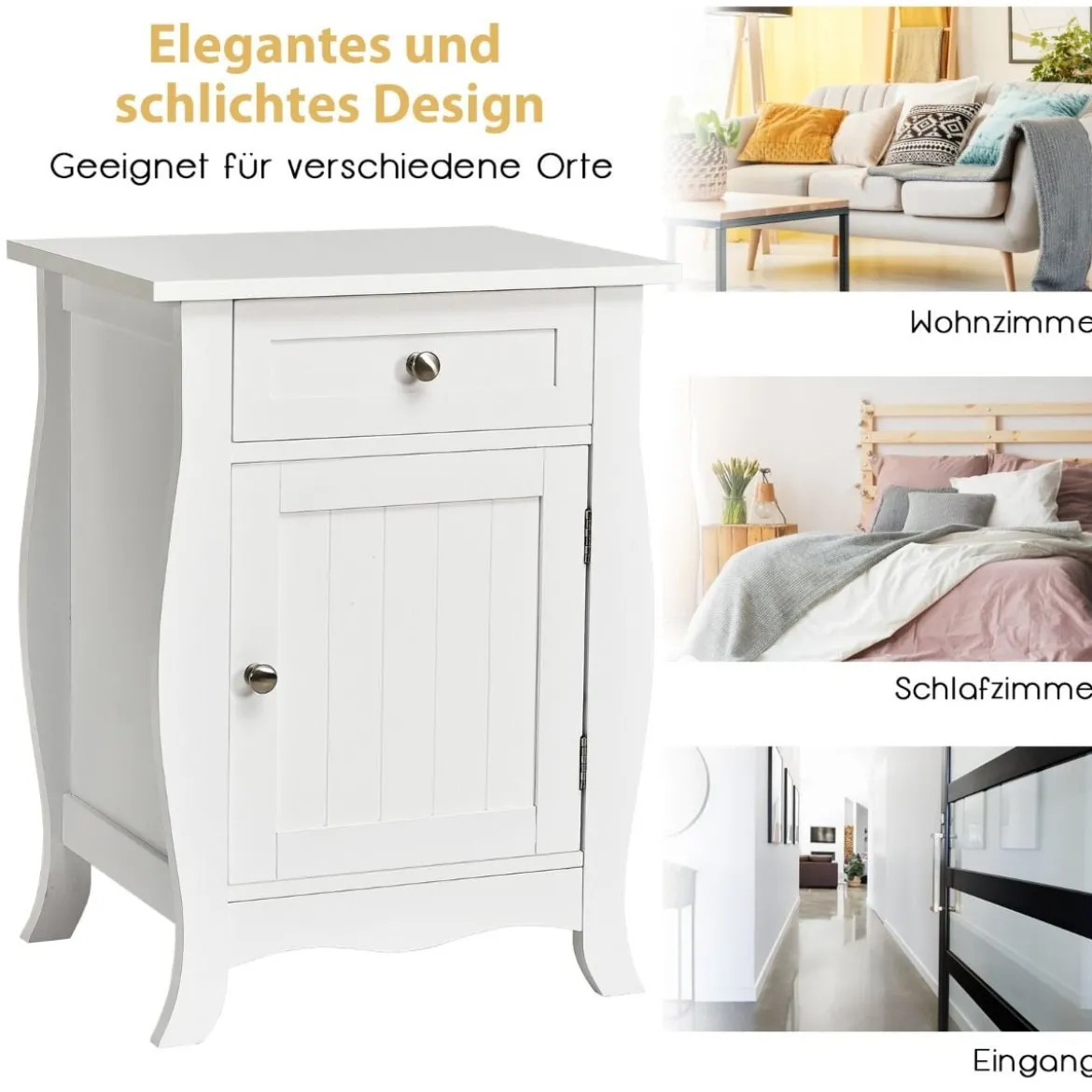 Nachtschrank Bodenschrank Holz Beistelltisch mit Tür und Schublade Nachttisch weiß