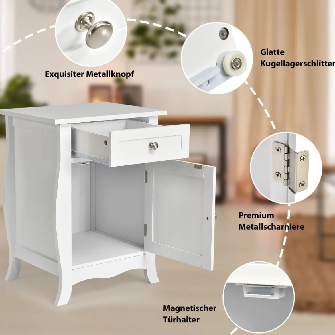 Nachtschrank Bodenschrank Holz Beistelltisch mit Tür und Schublade Nachttisch weiß